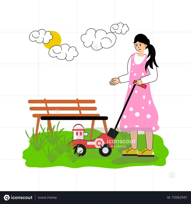 Worker mowing lawn with a grass cutter  Illustration