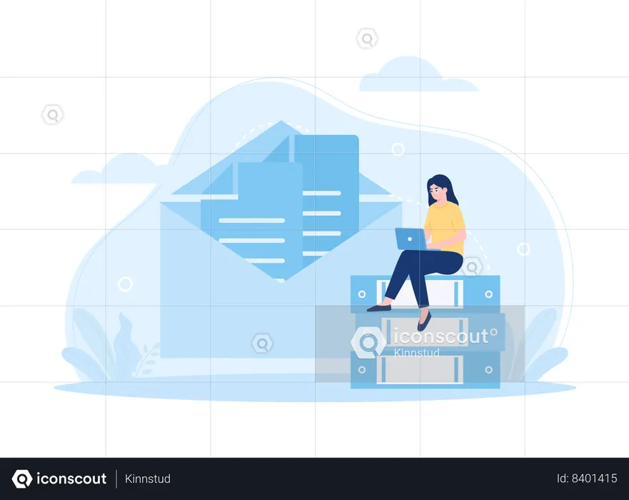 Worker organizing documents and data via laptop  Illustration
