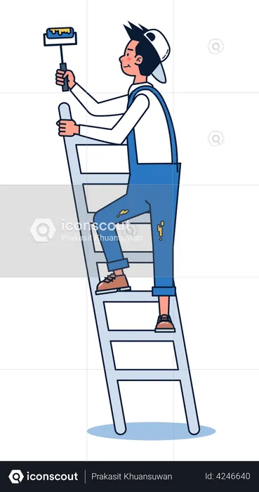 Worker painting wall using ladder  Illustration
