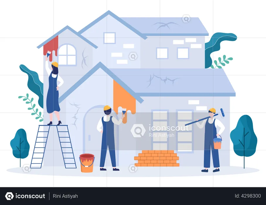 Worker painting walls of house  Illustration
