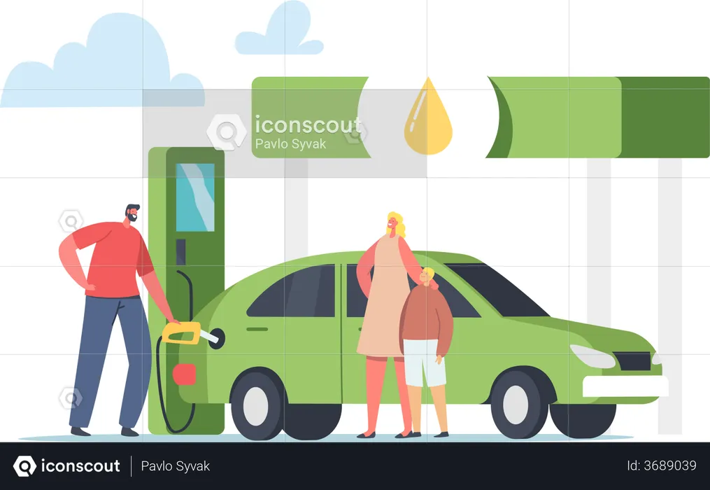 Worker Pump Eco Petrol, Gasoline for Charging Auto with Family.  Illustration