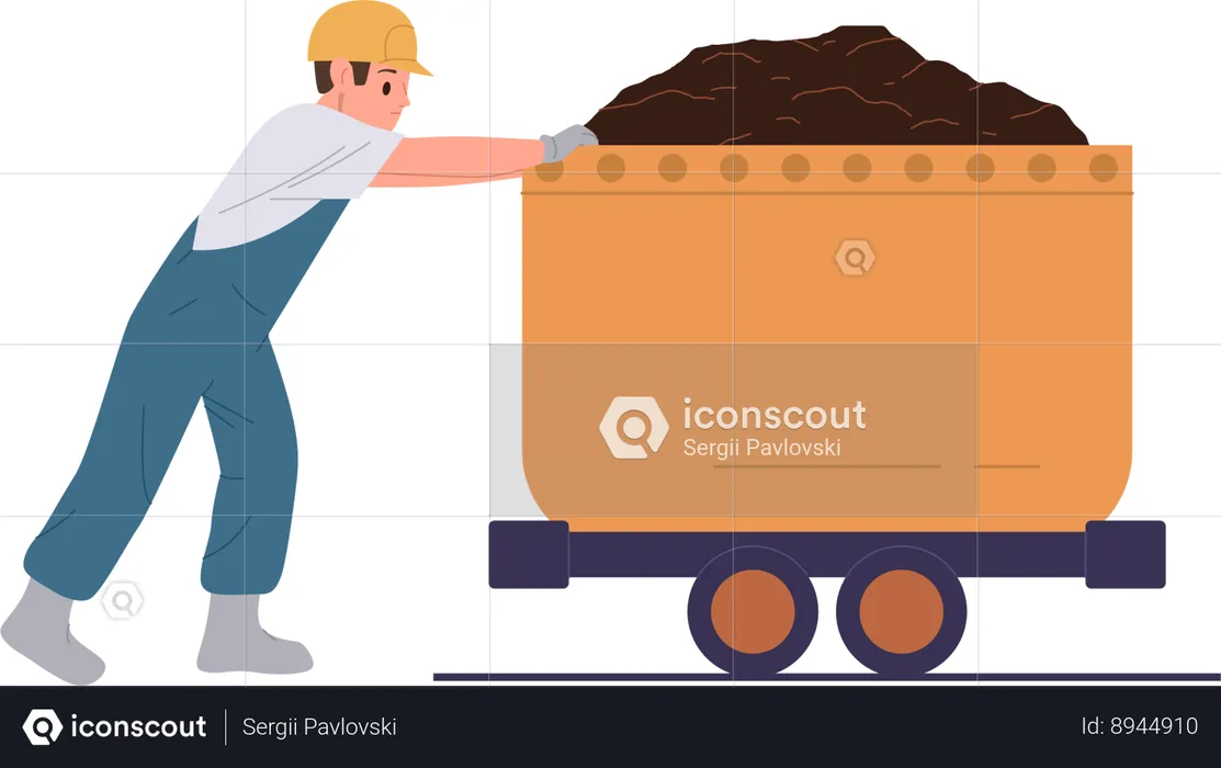 Worker pushes coal trolley  Illustration
