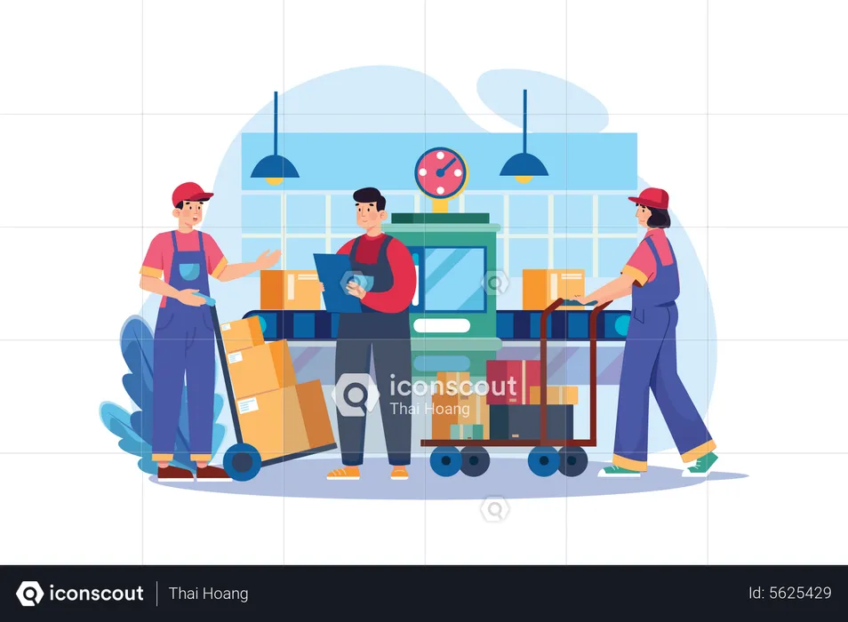 Worker Pushing Package Cart In Warehouse  Illustration