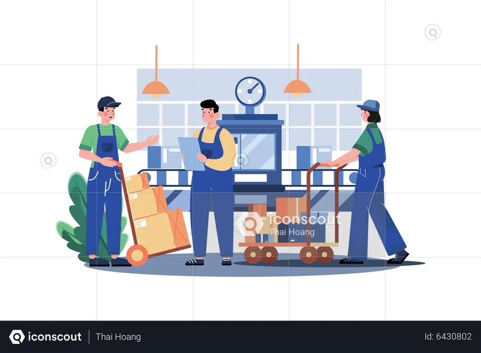 Worker Pushing Package Cart In Warehouse  Illustration