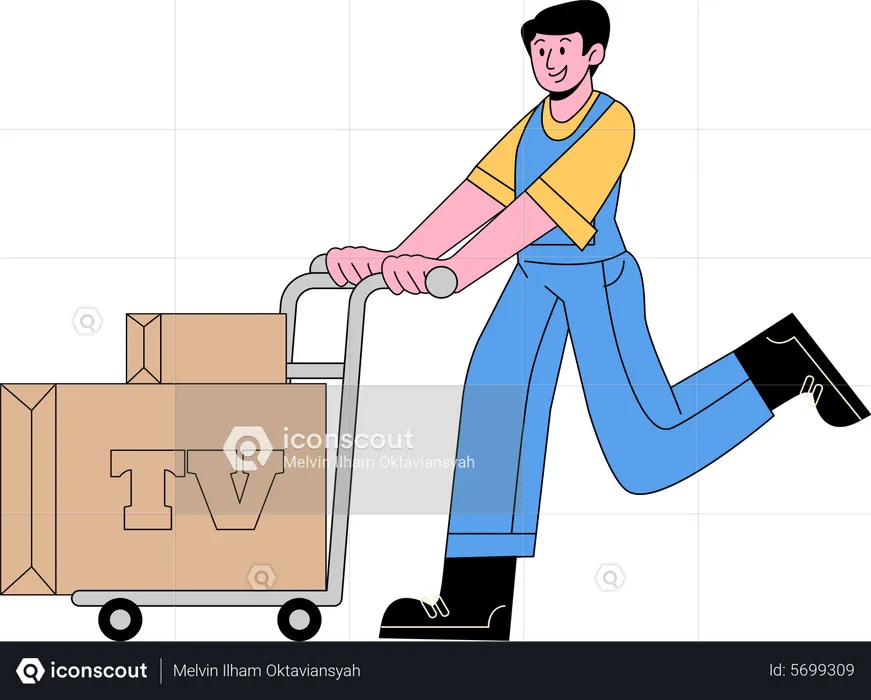 Worker pushing Television cart  Illustration