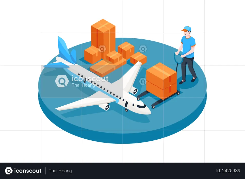 Worker putting boxes in cargo plane  Illustration