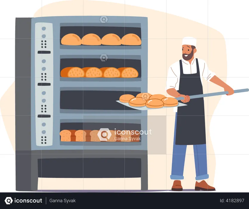 Worker putting bread dough into oven for baking  Illustration
