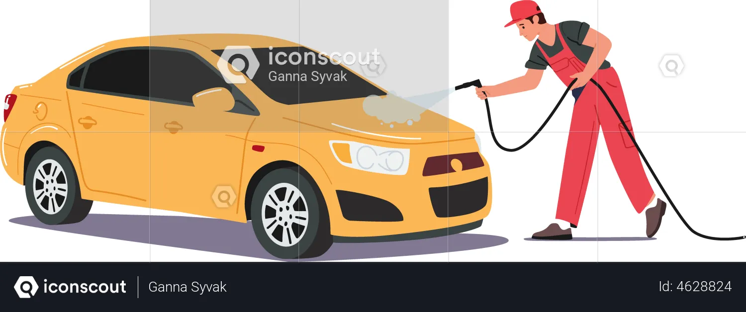 Worker removing dust from the car using air pressure  Illustration