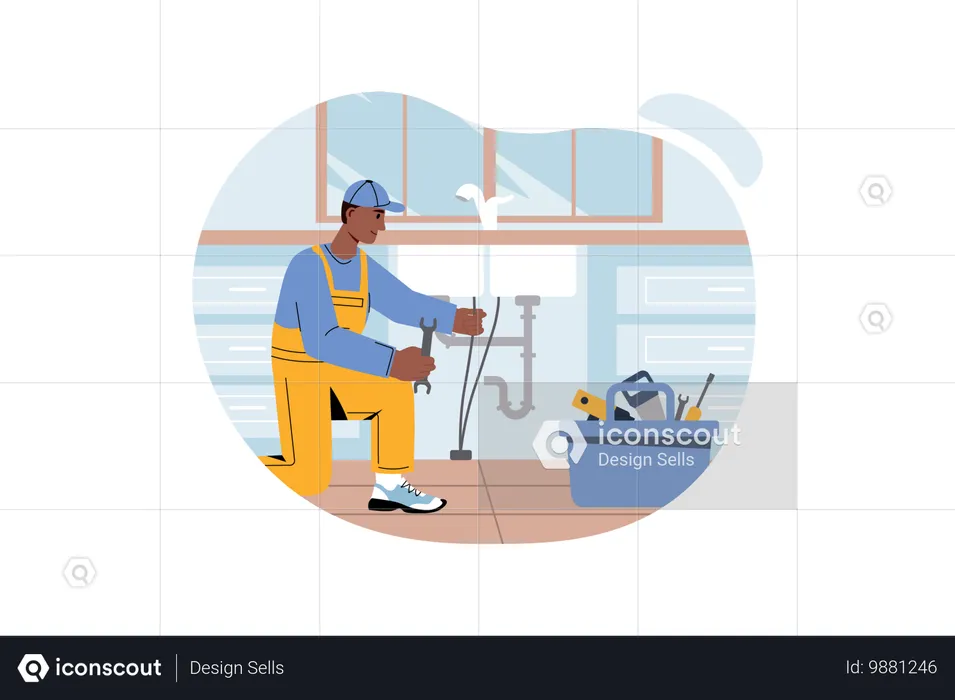 Worker repairs water pipeline  Illustration