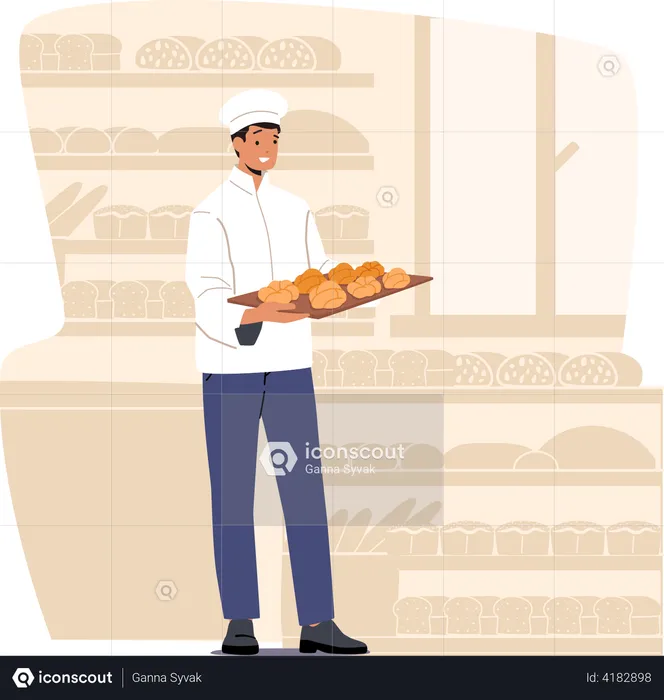 Worker serving fresh bakery products  Illustration