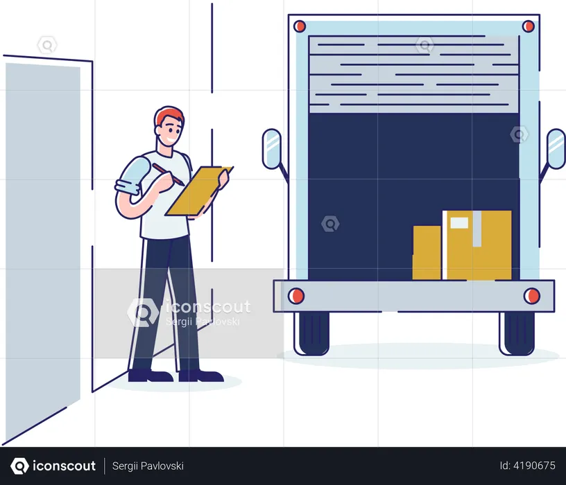 Worker Signing in Clipboard Stand at Van with Big Cardboard Boxes  Illustration