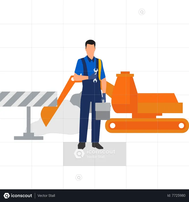 Worker standing and  holding toolbox  Illustration