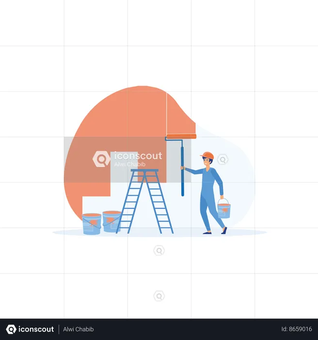 Worker standing backwards painting wall in new apartment  Illustration