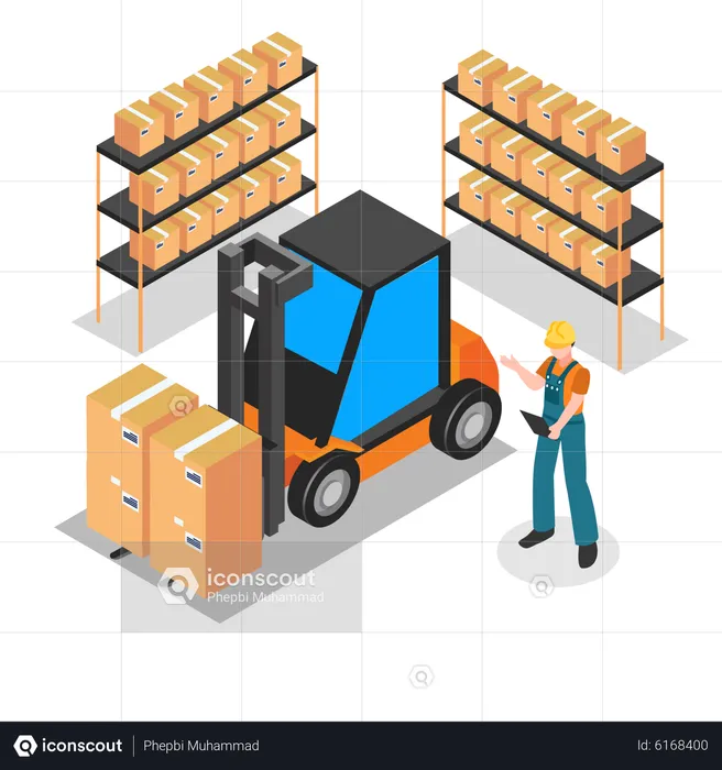 Worker standing near forklift in warehouse  Illustration