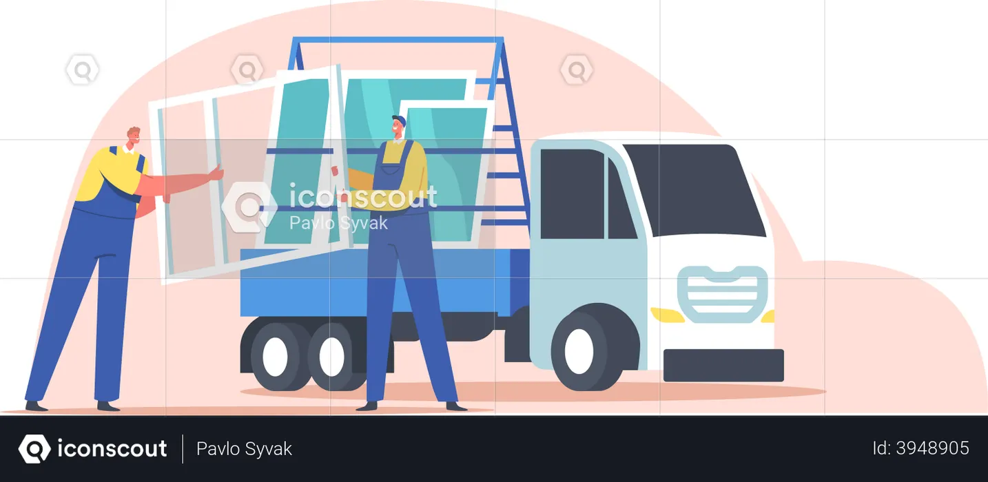 Worker transporting window panel  Illustration