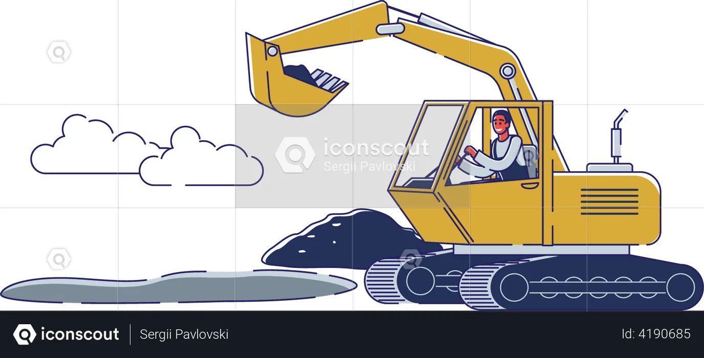 Worker Use Excavator To Repair And Lay Asphalt Maintenance  Illustration