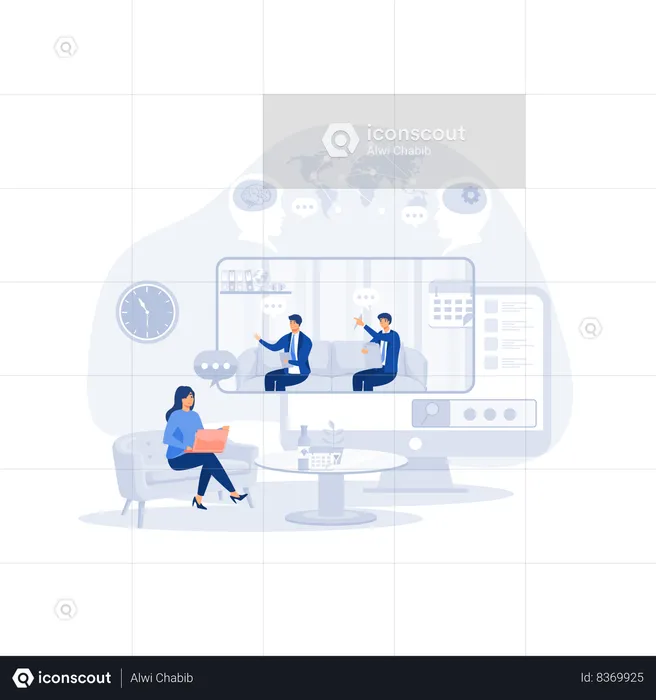Worker using computer for collective virtual meeting and group video conference  Illustration