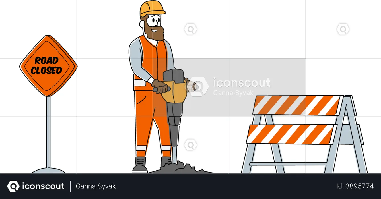 Worker using jackhammer to drill in road  Illustration