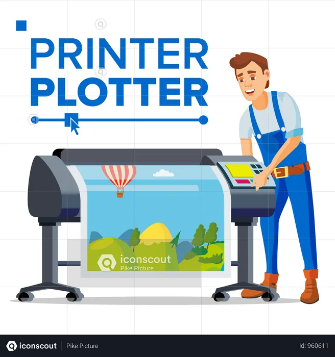Worker Using Plotter Machine  Illustration