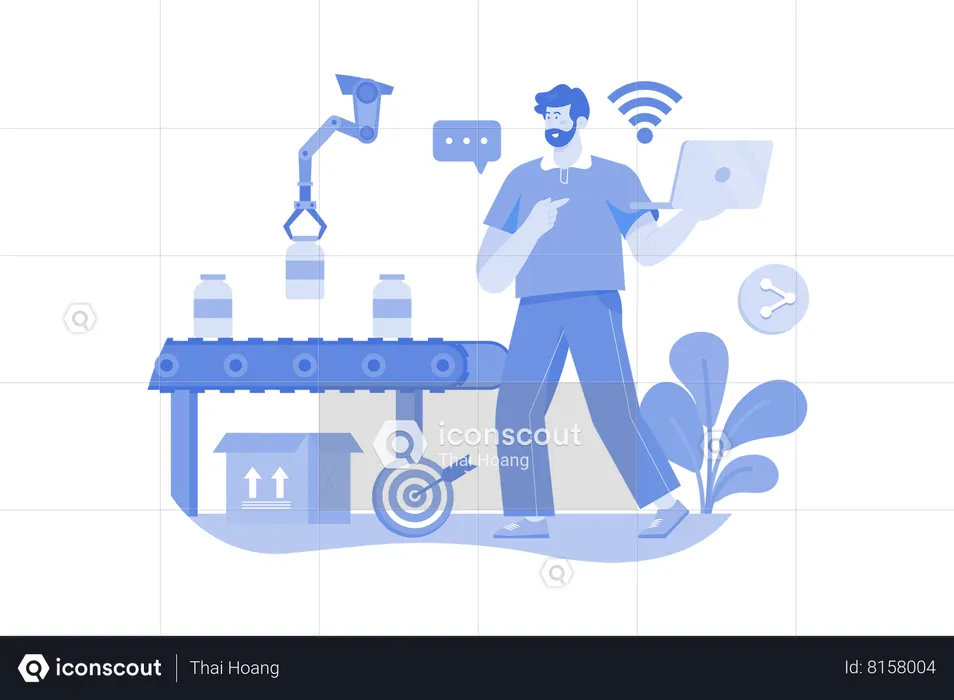 Worker Using Wifi From Laptop Controlling Conveyor Lines Of Automatic Factory  Illustration