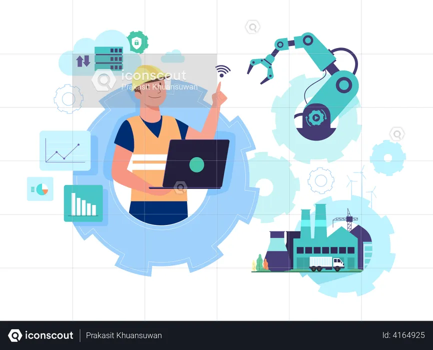 Worker using wireless technology to control Factory  Illustration