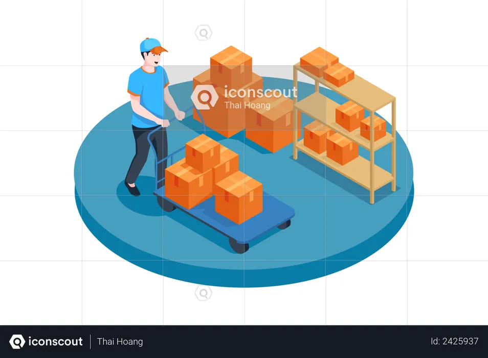 Worker walking with boxes trolley  Illustration