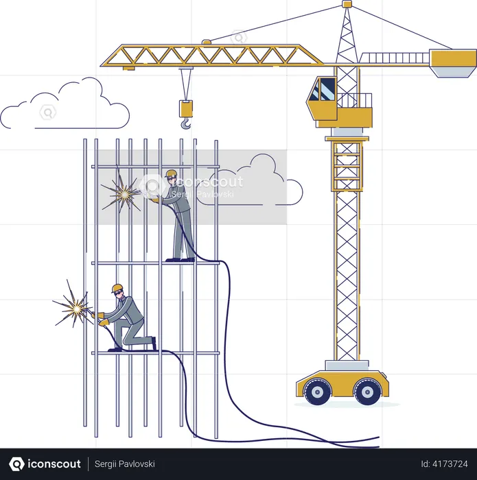 Worker welding construction frame using help of static crane  Illustration