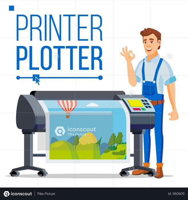 Worker With Plotter Vector  Illustration