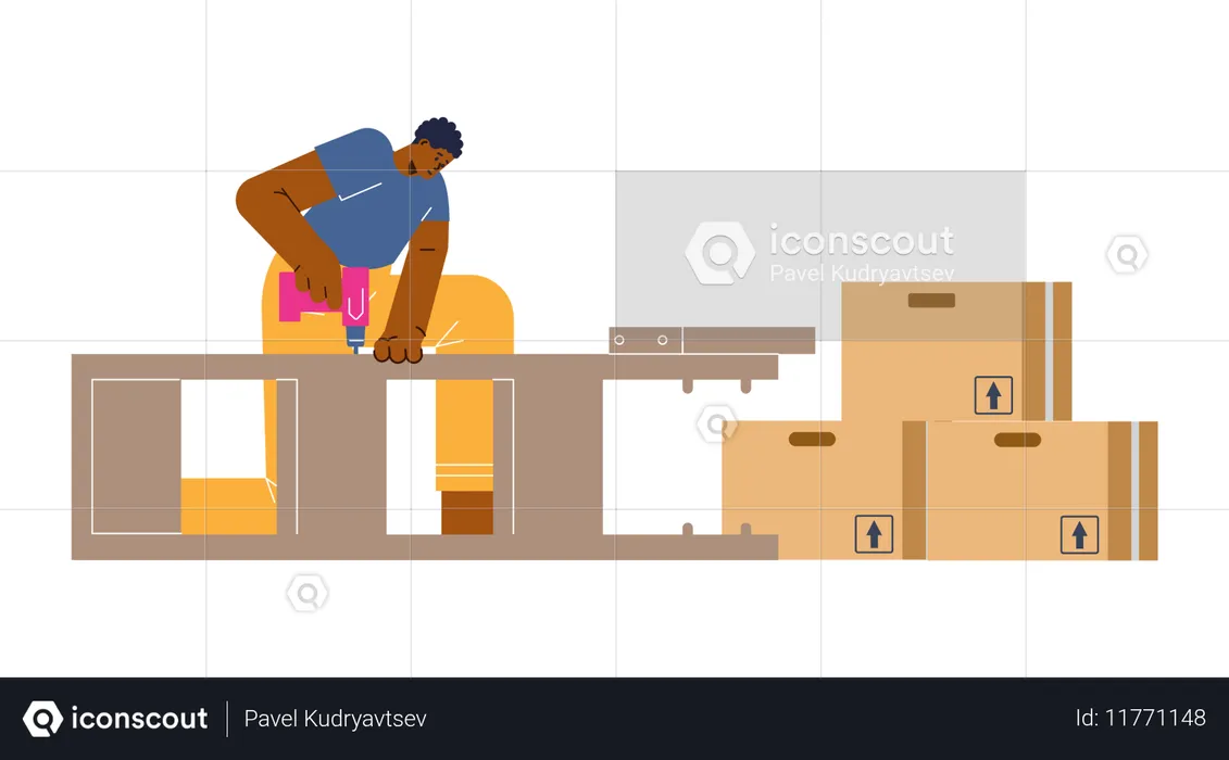 Worker with screwdriver dismantling cupboard furniture lying horizontally on floor  Illustration