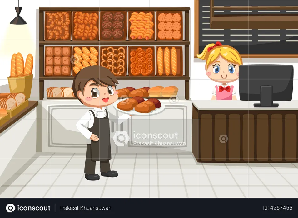 Worker working at a bakery  Illustration