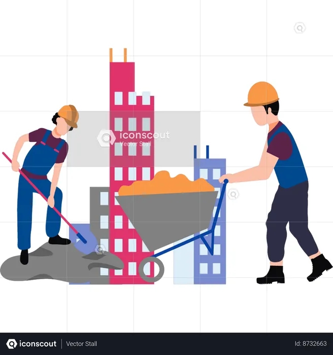 Workers are carry wheelbarrow and sand shovel  Illustration