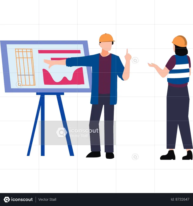 Workers are talking about the design on the board  Illustration