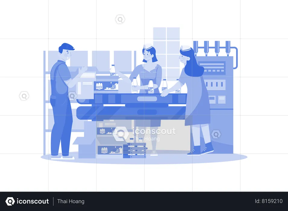 Workers Are Working In Milk Bottles Packaging Industry  Illustration