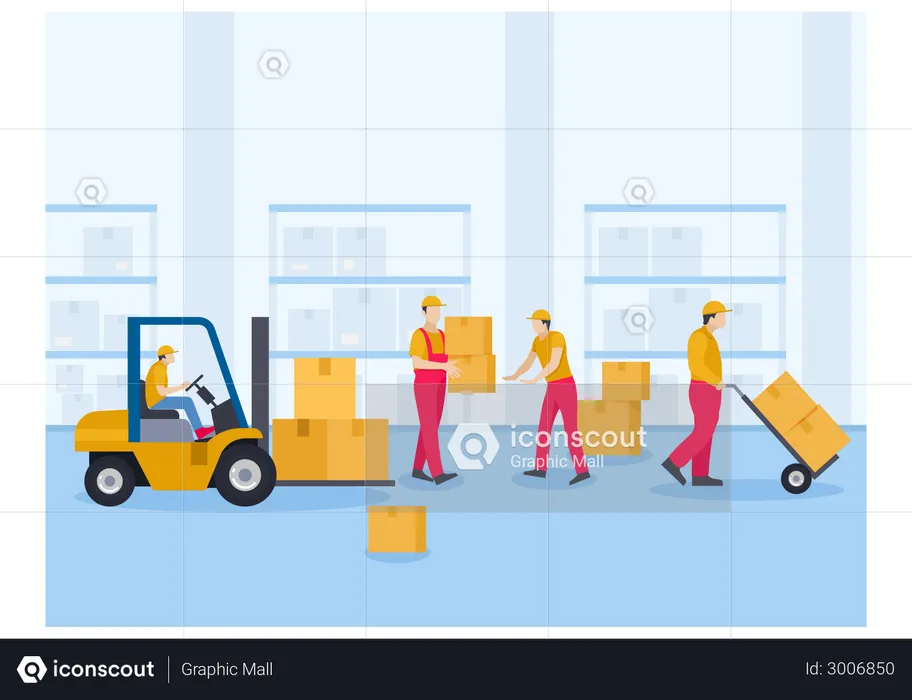 Workers arranging packages in warehouse  Illustration