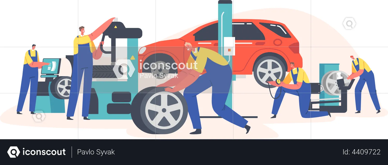 Workers Change Tires at Garage  Illustration