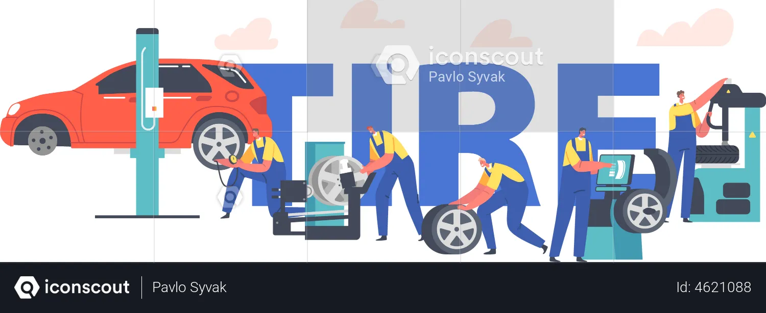 Workers Change Tires at Garage  Illustration