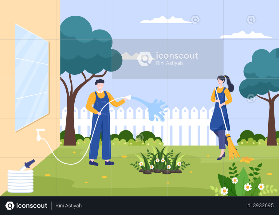 Workers cleaning garden and watering plants Illustration