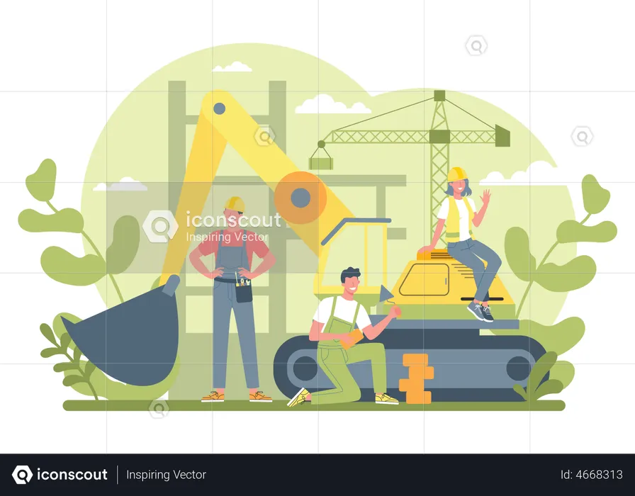 Workers constructing home with tools  Illustration
