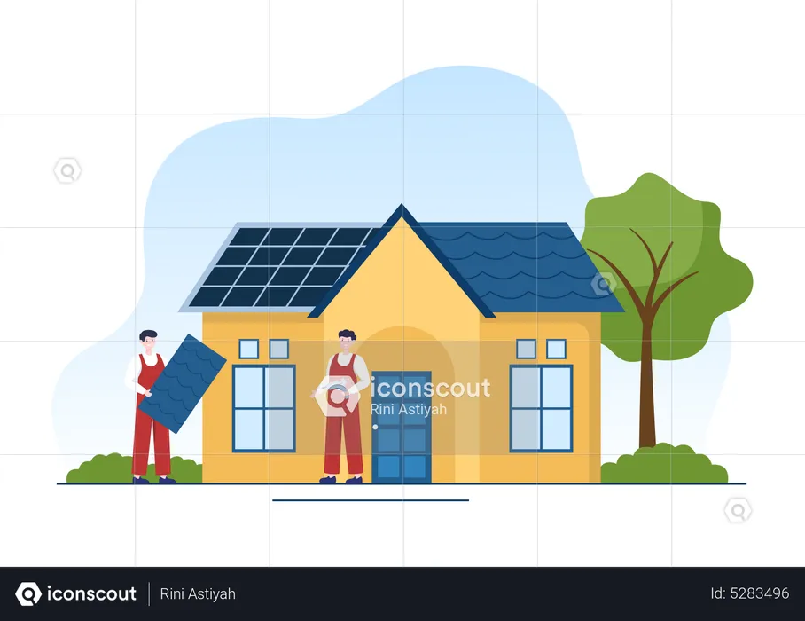 Workers fitting house roof  Illustration
