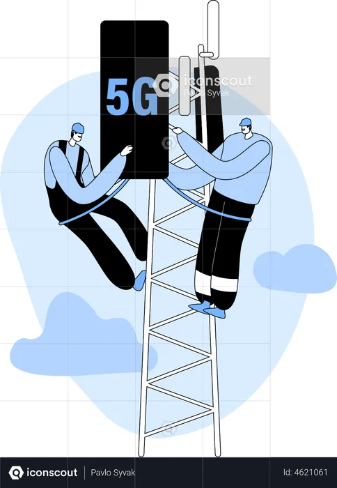 Workers Installing Equipment for 5G Internet on Transmission Telecommunication Tower  Illustration