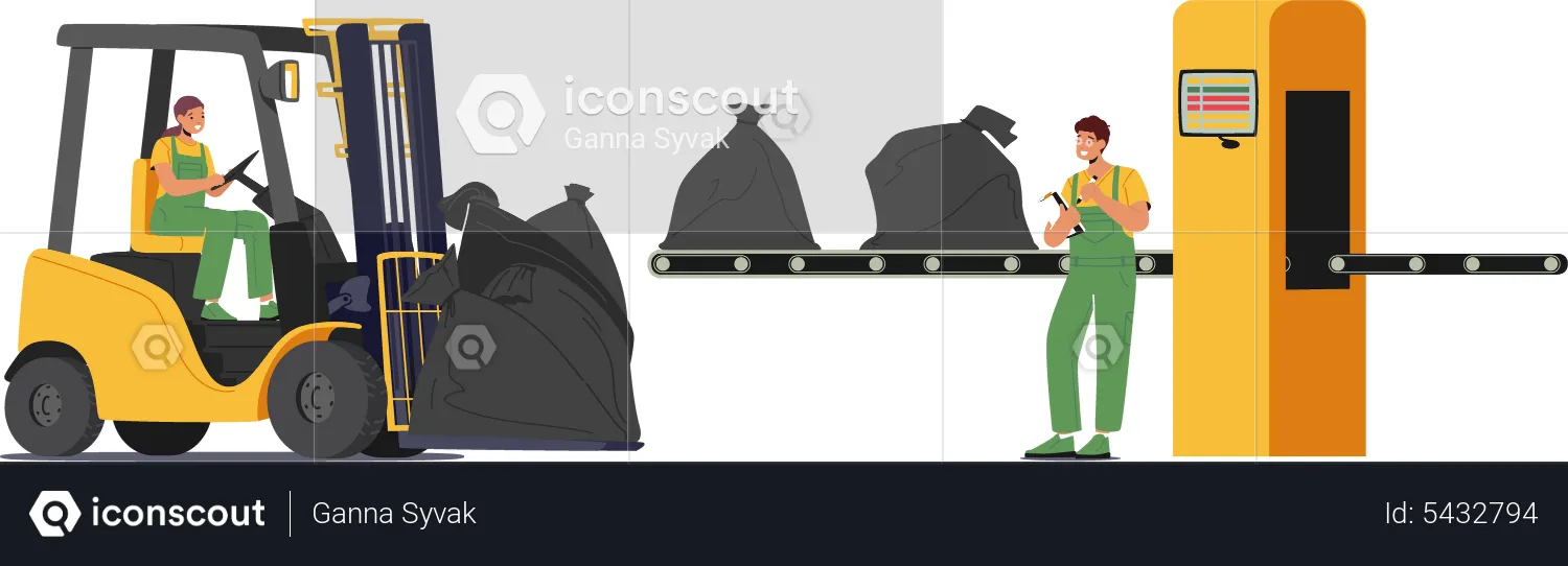 Workers Loading Trash on Factory Conveyor Belt  Illustration