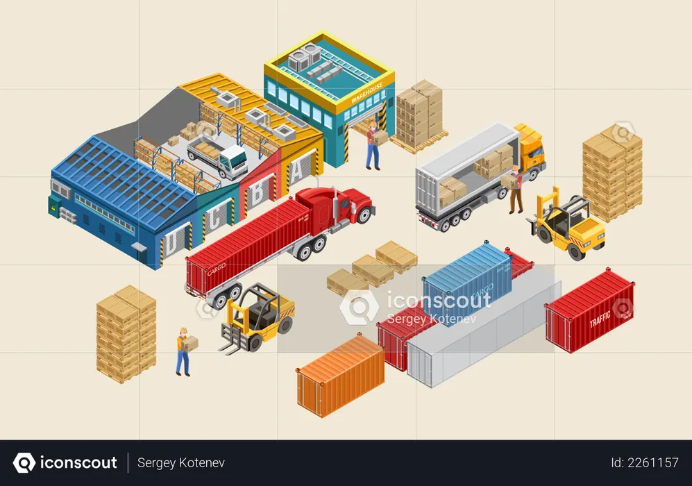 Workers loading trucks near cargo containers  Illustration