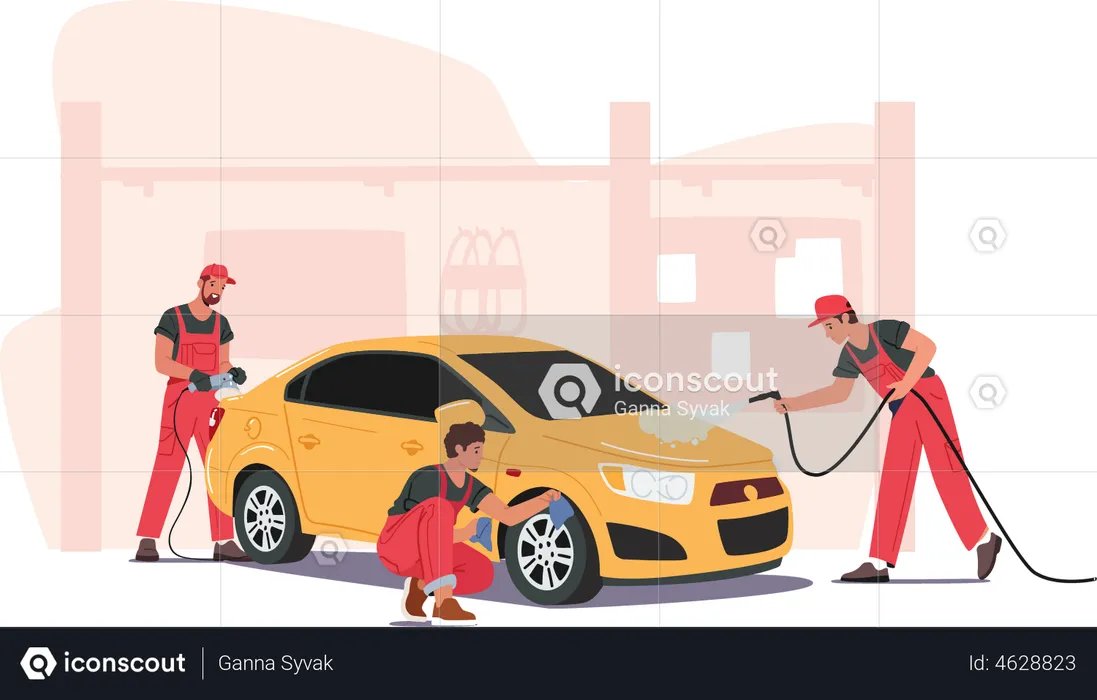 Workers removing excess dirt from car  Illustration