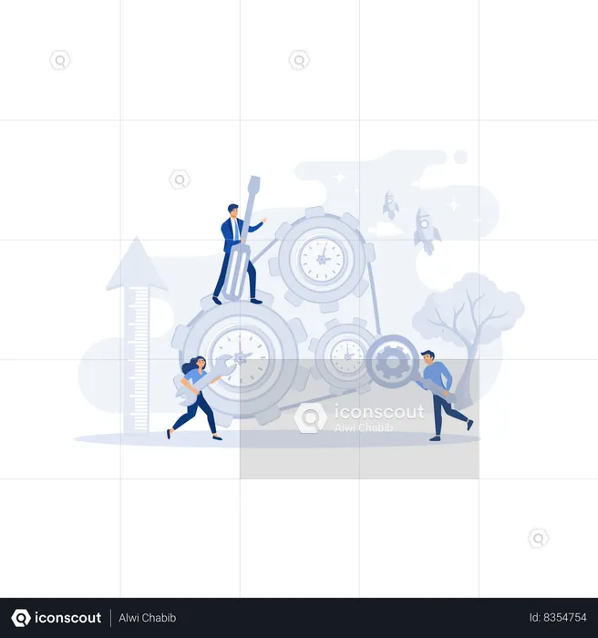 Workers rotating cogwheels teamwork process  Illustration