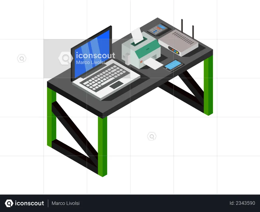 Working desk with laptop, printer and router  Illustration