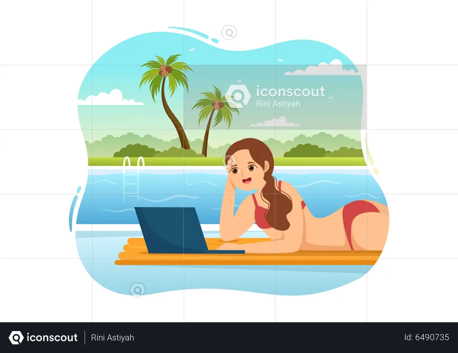 Working From Swimming Pool  Illustration