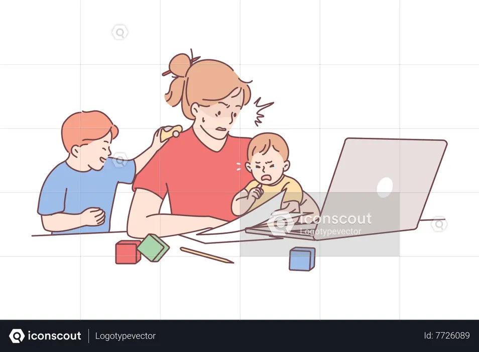 Working mother with children  Illustration