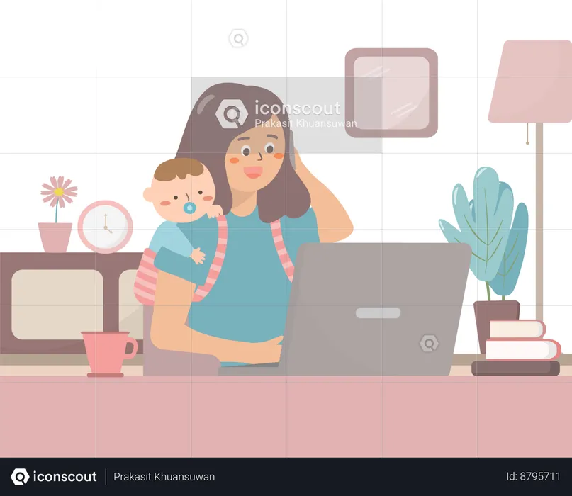 Working mother working remotely  Illustration