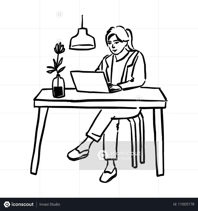 Working Woman typing on laptop at cafe table  Illustration