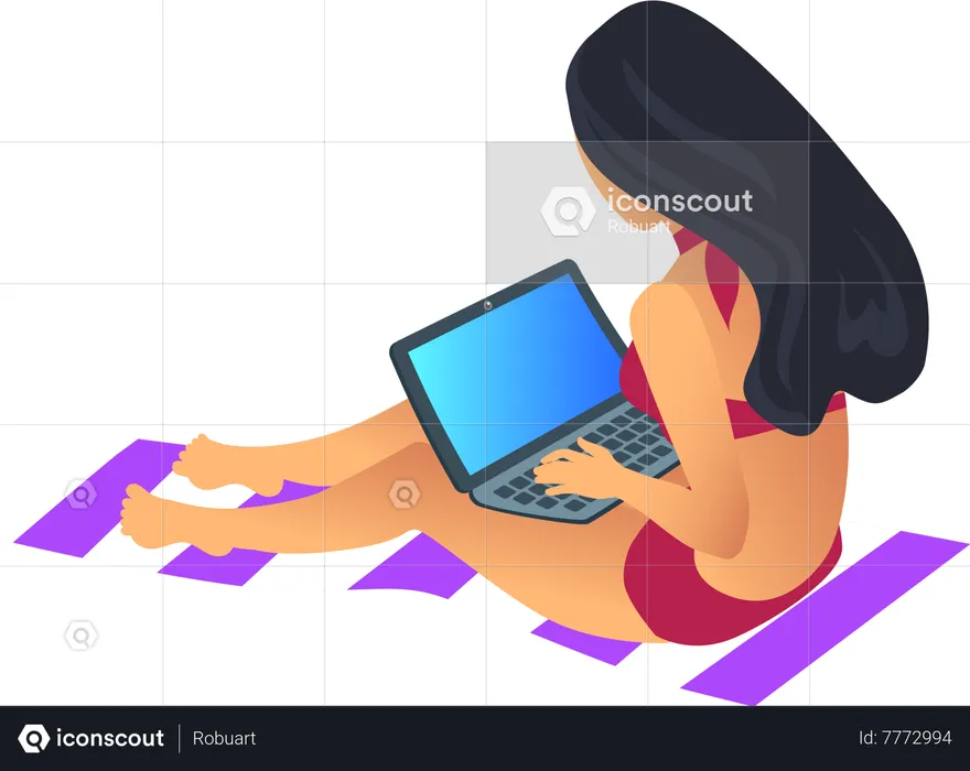 Working woman wearing swimming suit and sitting on mat  Illustration